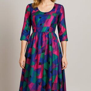 Eien A-Line Midi Dress Size Small Geometric Blue Pink Artsy Vintage Inspired